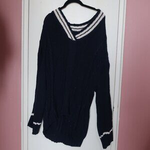 YesStyle PERKARP - Oversized Cable-Knit V-Neck Contrast-Trim Sweater